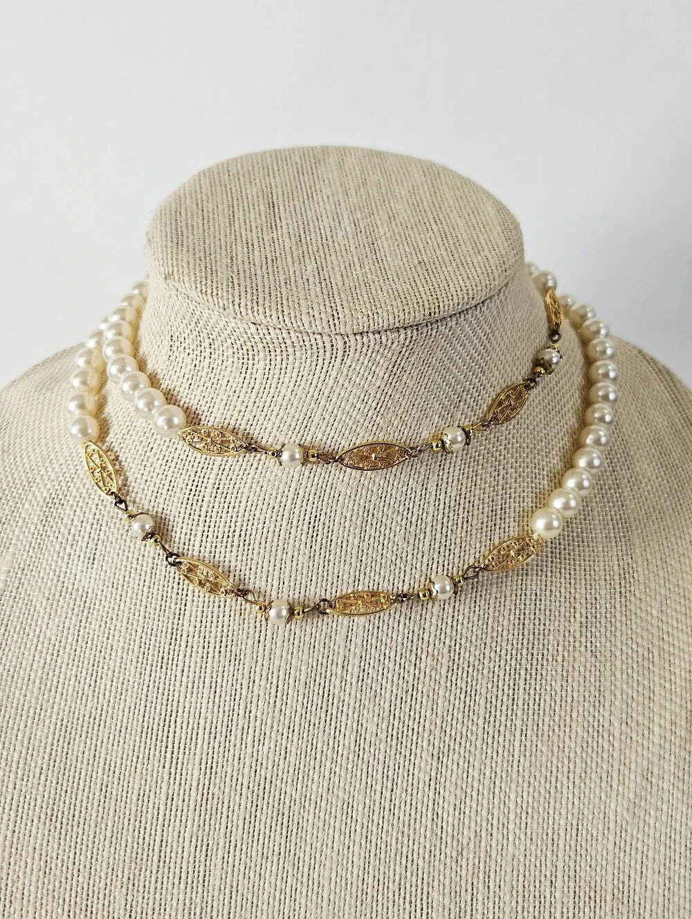 Vintage Faux Pearl Gold Filigree Scrollwork Opera Length Linked Station Necklace